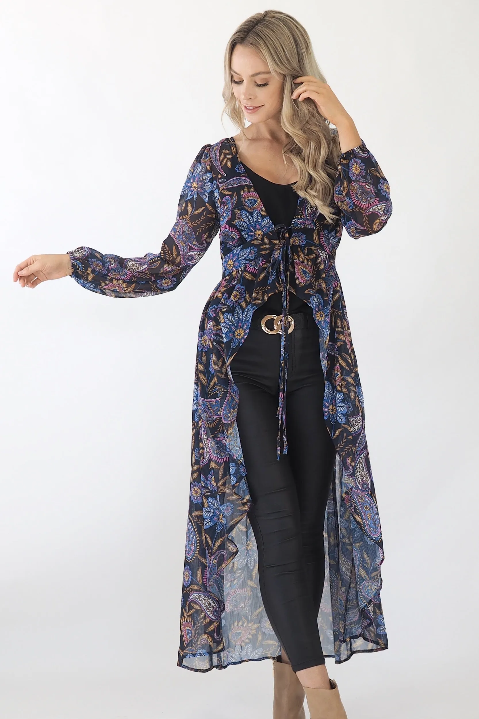 Adele Hi-Low top Blouse- Navy/Purple/Gold