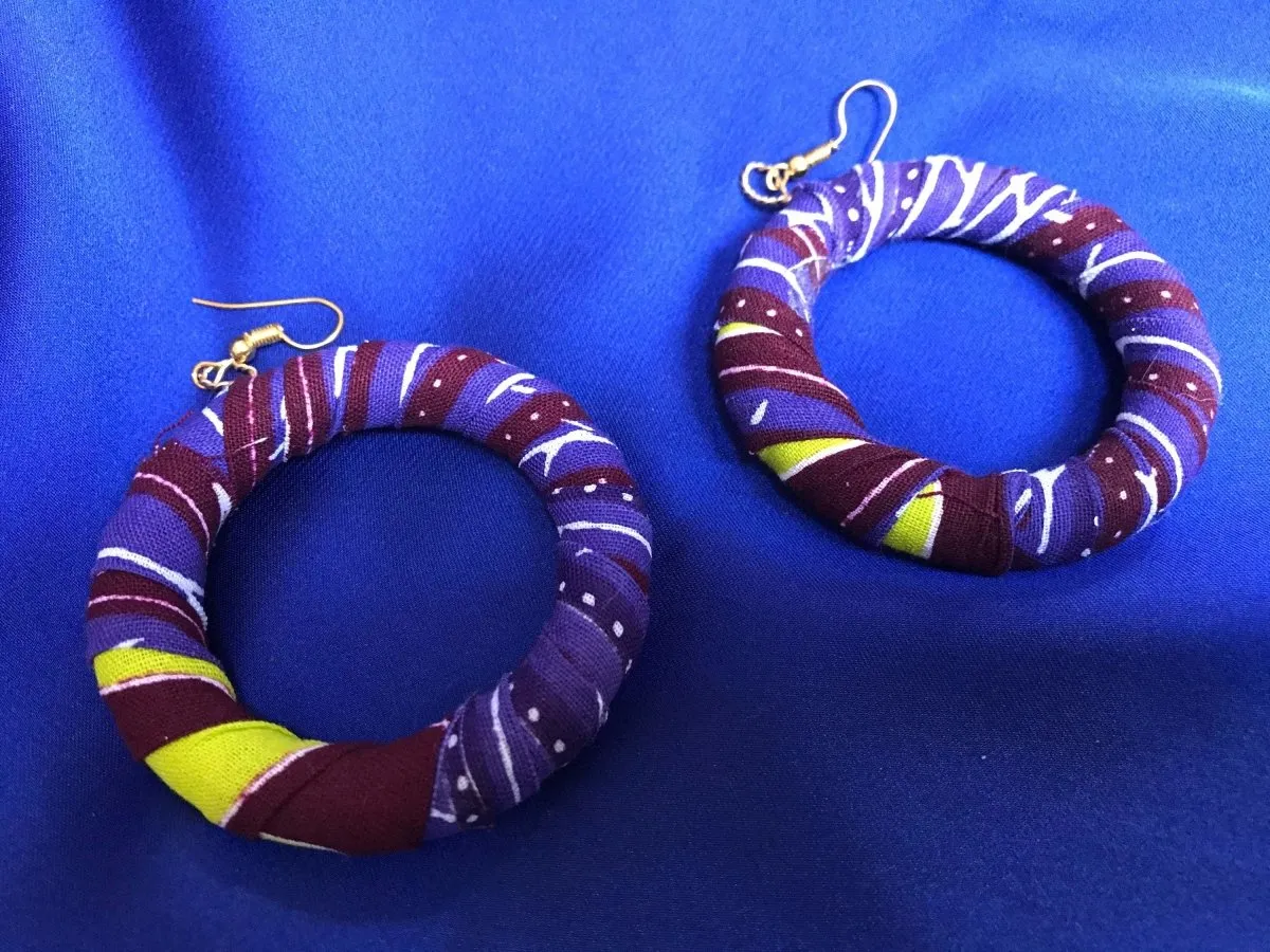 African Hoops in Purple Ankara Print - Up cycled Zero Waste Earrings