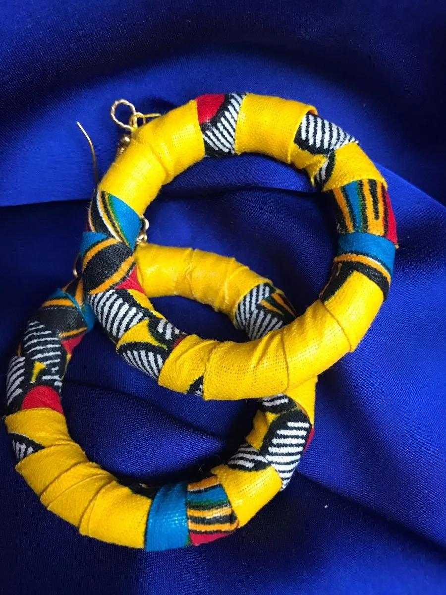 African Hoops in Yellow Ankara Print - Up cycled Zero Waste Earrings