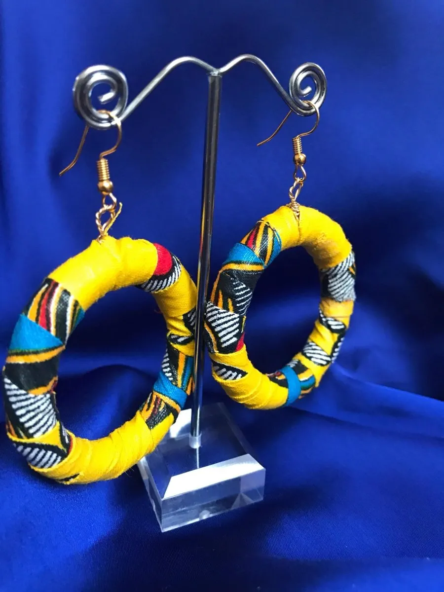 African Hoops in Yellow Ankara Print - Up cycled Zero Waste Earrings