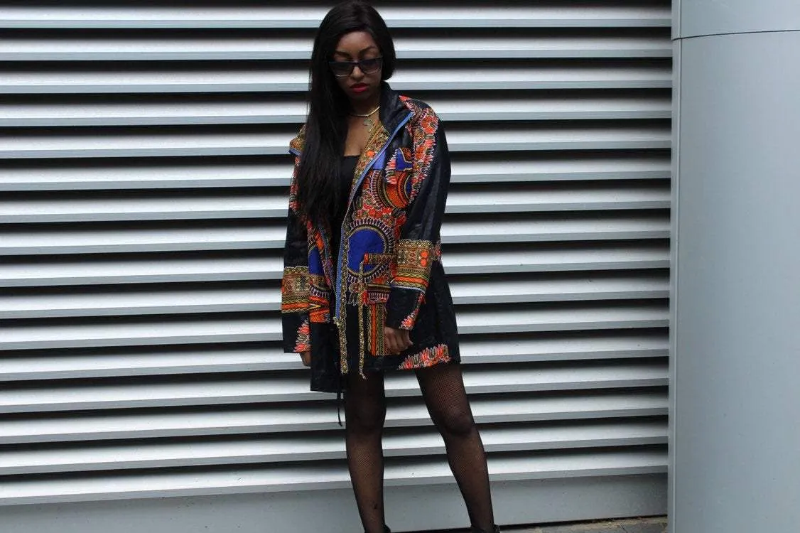 African Peacoat in Black Dashiki Print