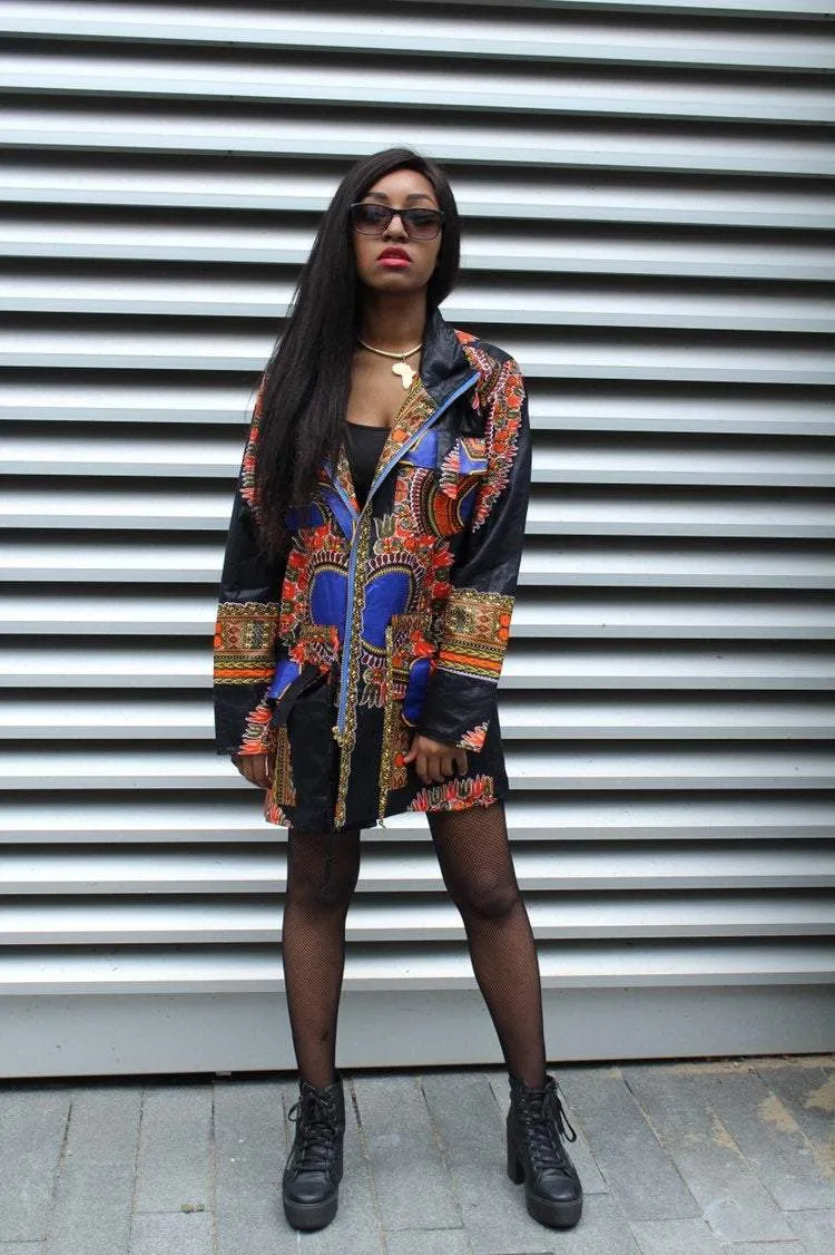 African Peacoat in Black Dashiki Print