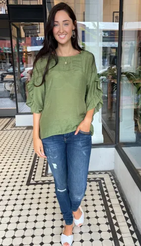 Alexa Ruffle Sleeve Top Olive