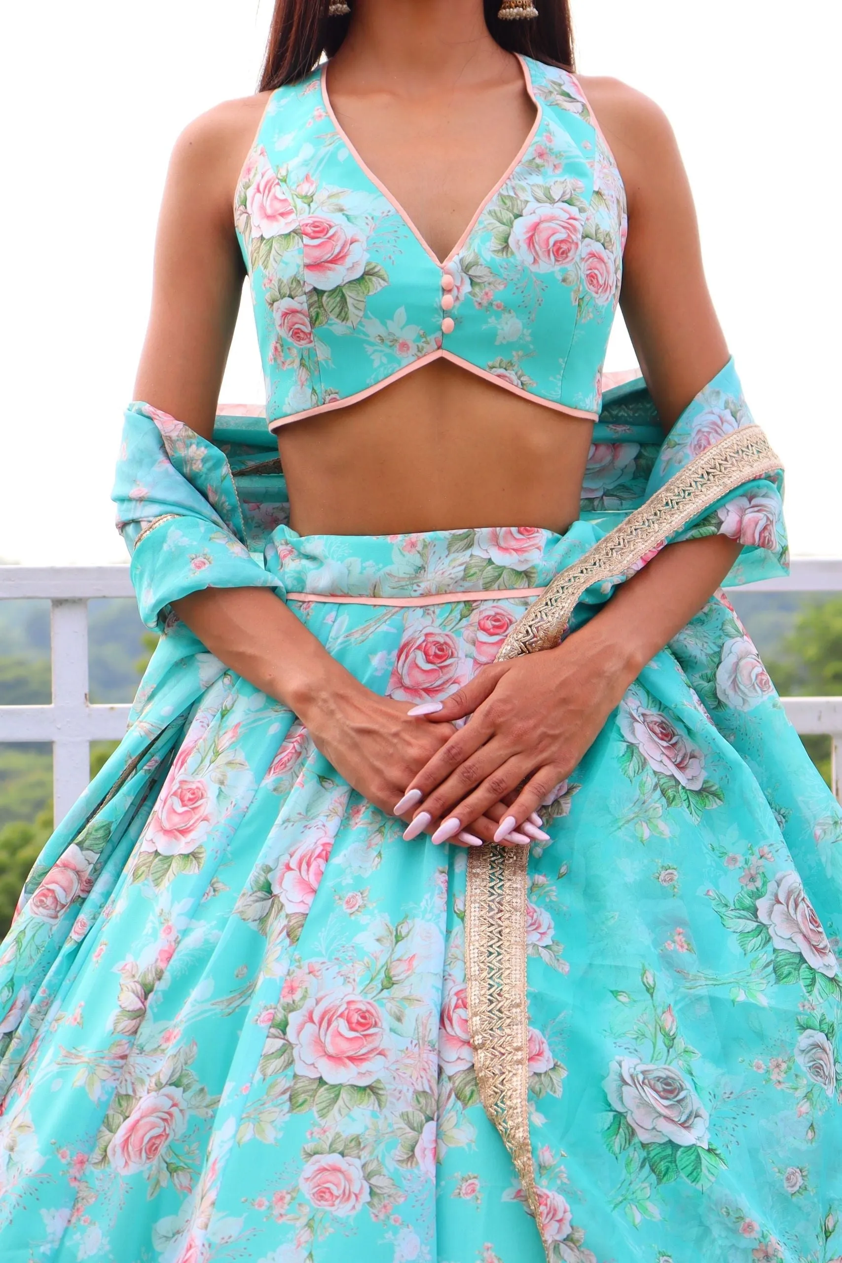 Amaltas Couture's Nikhat Printed Georgette Blue Lehenga - Rent