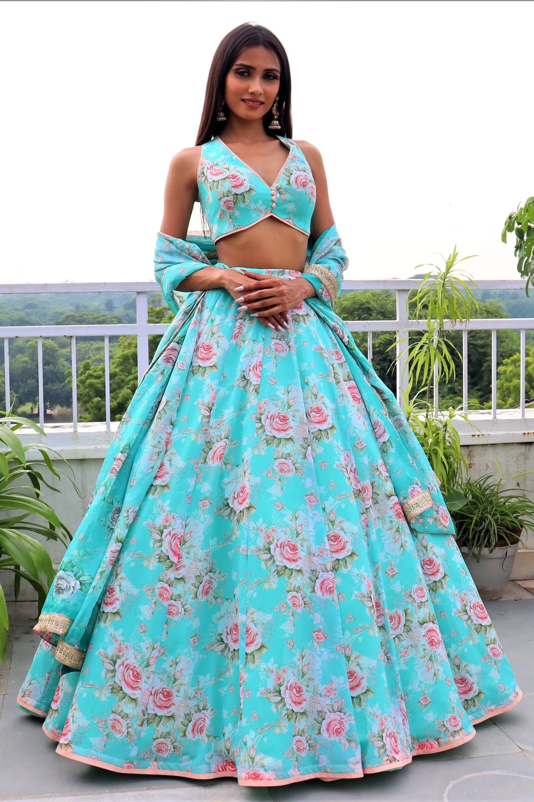 Amaltas Couture's Nikhat Printed Georgette Blue Lehenga - Rent