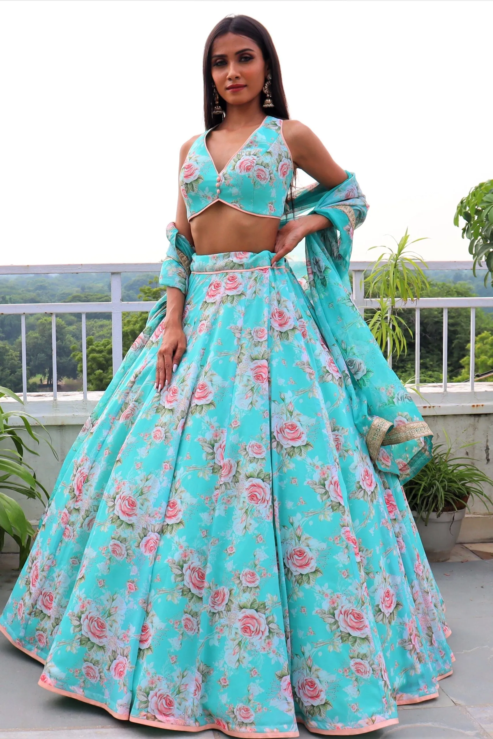 Amaltas Couture's Nikhat Printed Georgette Blue Lehenga - Rent