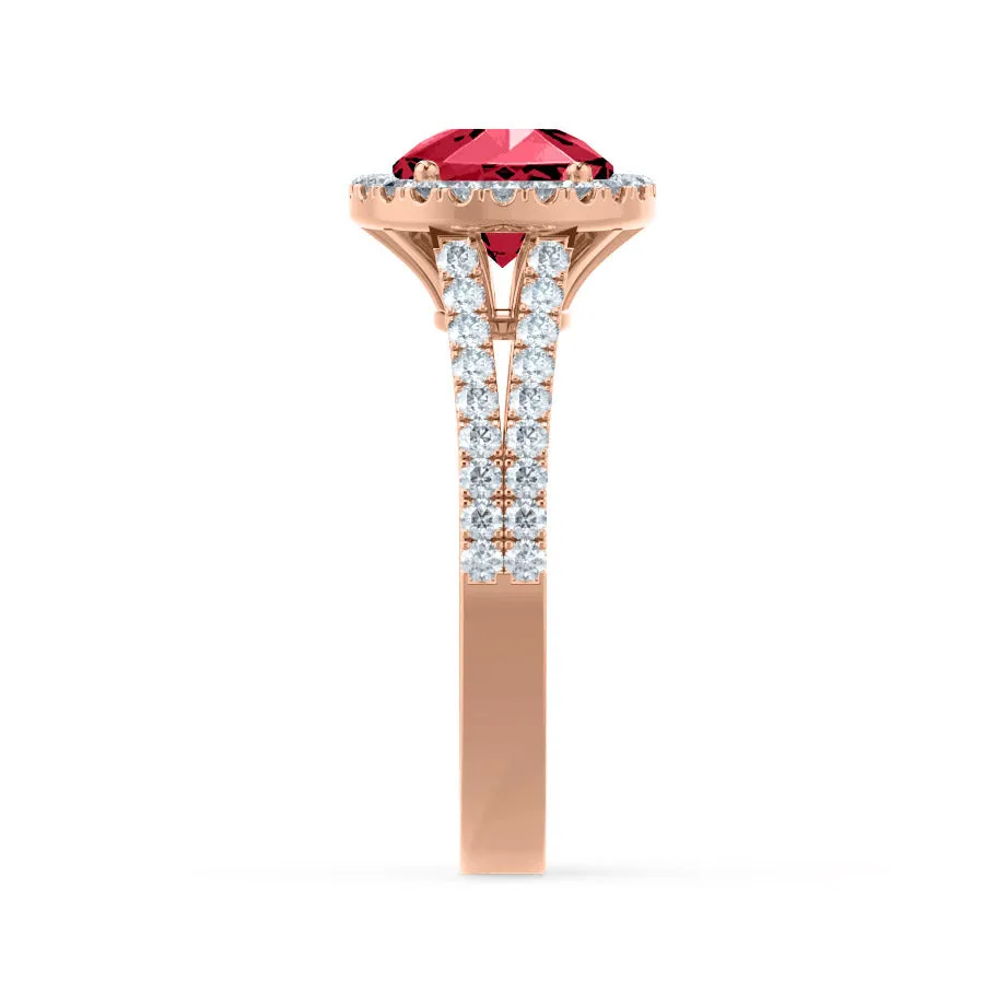 AMELIA - Chatham® Lab Grown Red Ruby & Diamond 18k Rose Gold Halo Ring