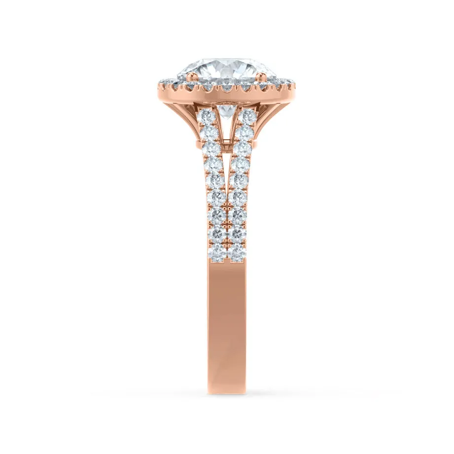 AMELIA - Round Moissanite & Diamond 18k Rose Gold Halo Ring