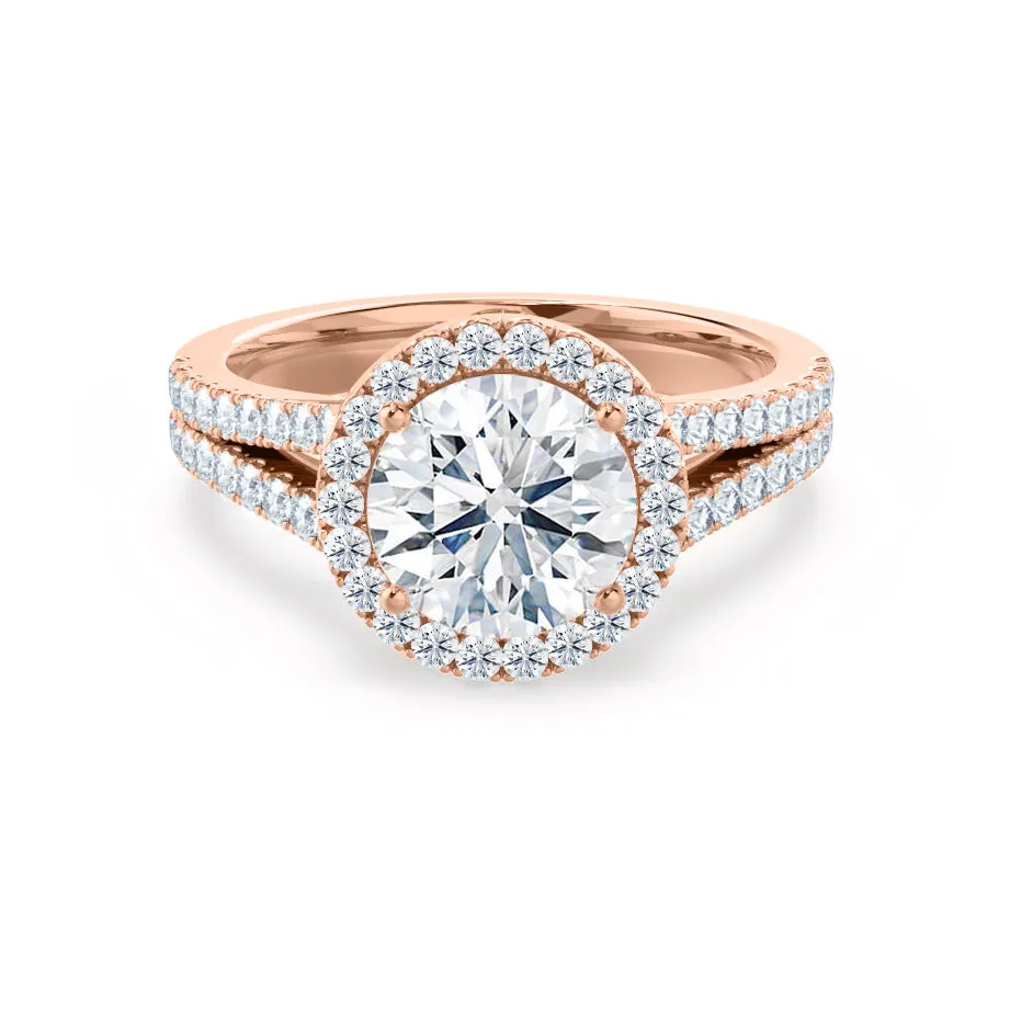 AMELIA - Round Moissanite & Diamond 18k Rose Gold Halo Ring