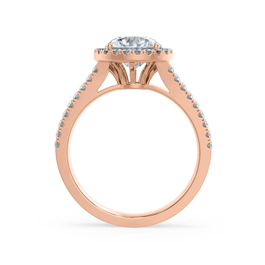 AMELIA - Round Moissanite & Diamond 18k Rose Gold Halo Ring