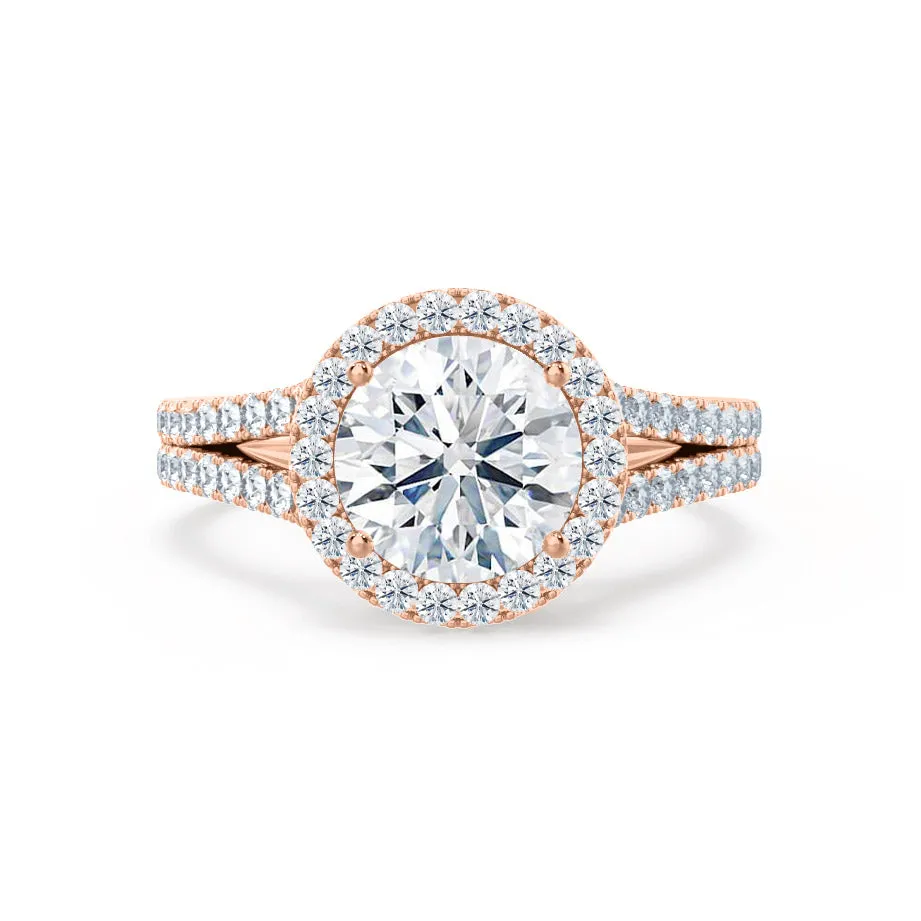 AMELIA - Round Moissanite & Diamond 18k Rose Gold Halo Ring