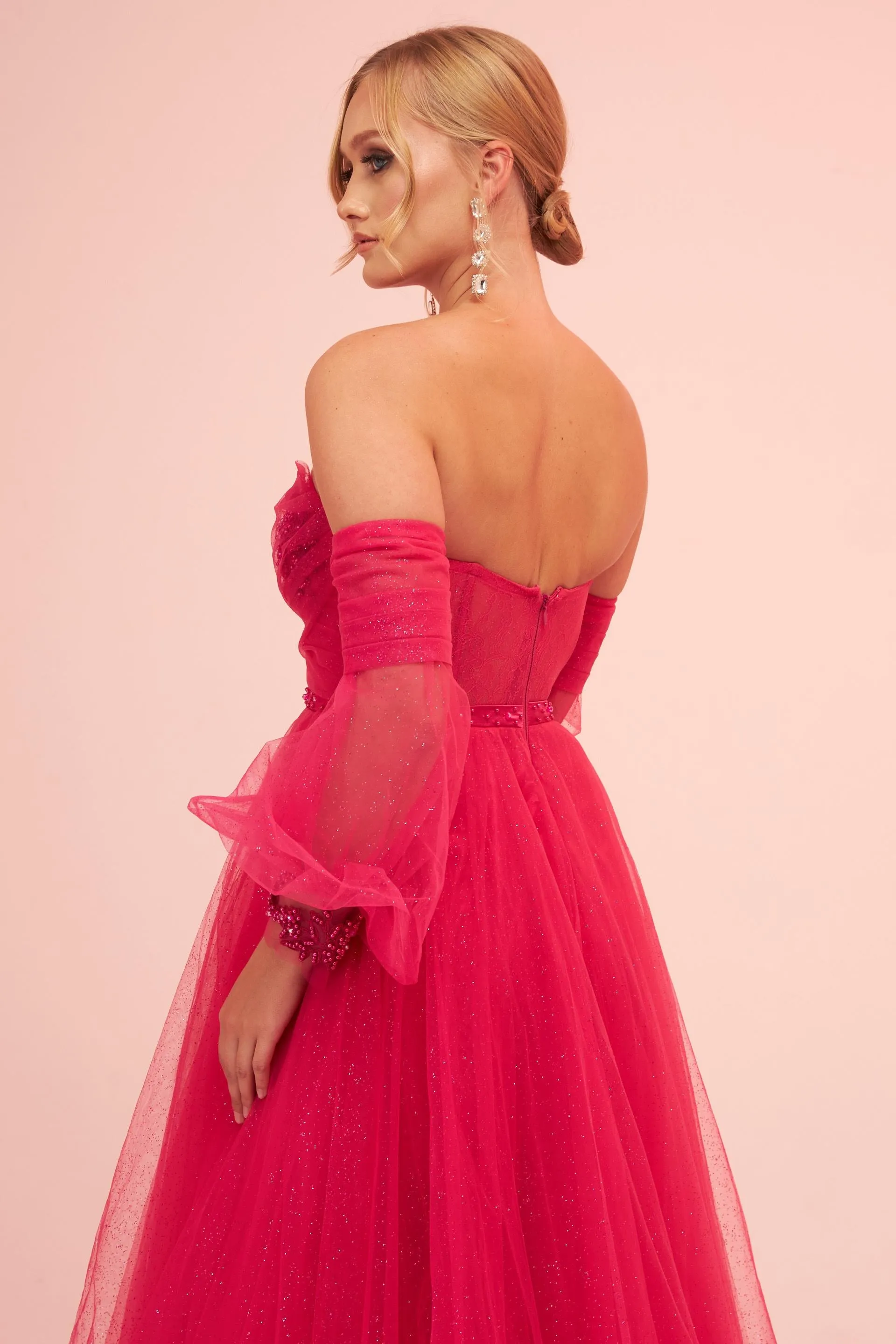 Angelino Fuchsia Tulle Low Sleeve Engagement Evening Dress