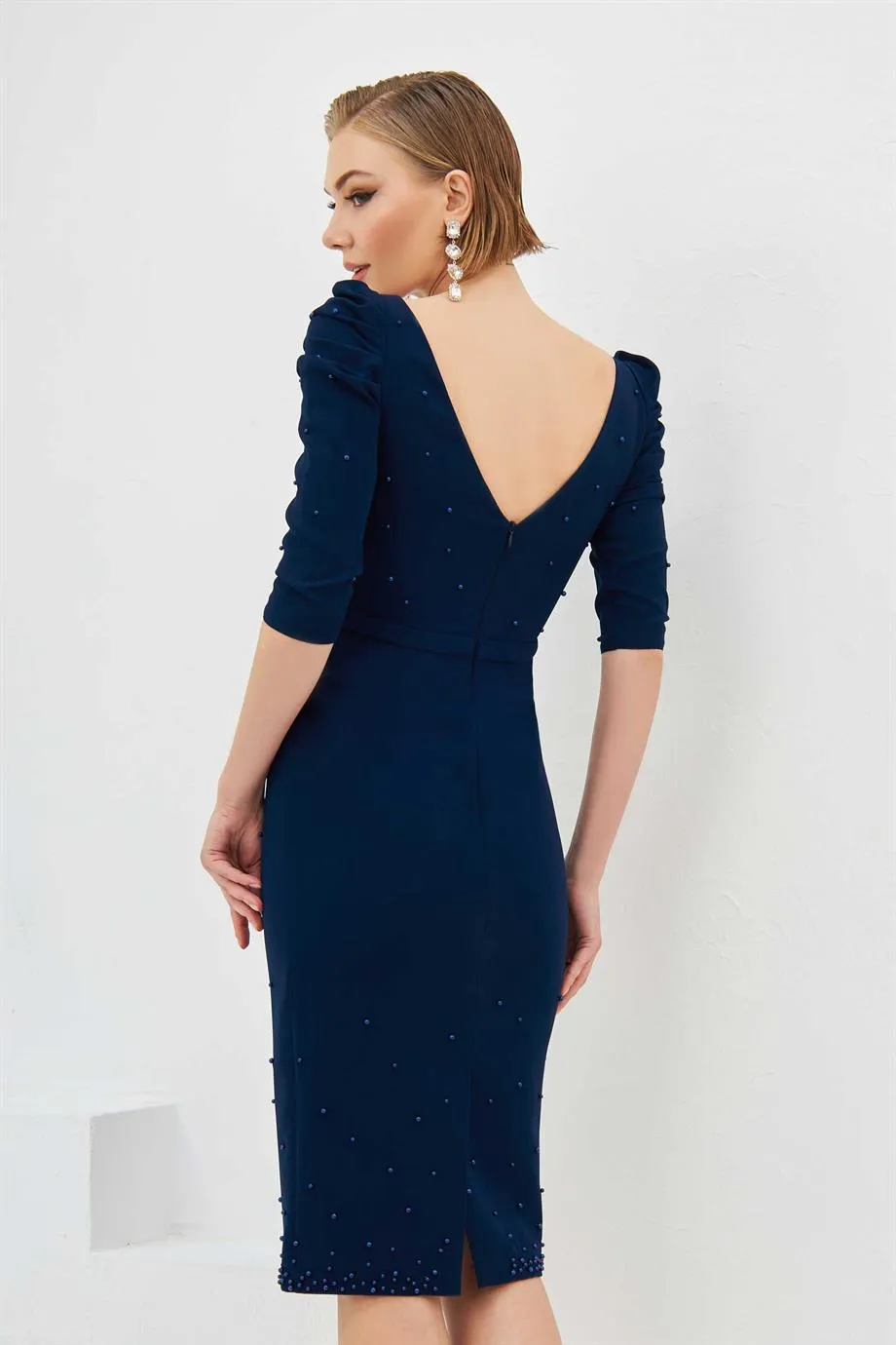 Angelino navy blue pancakes embroidered midi evening dresses