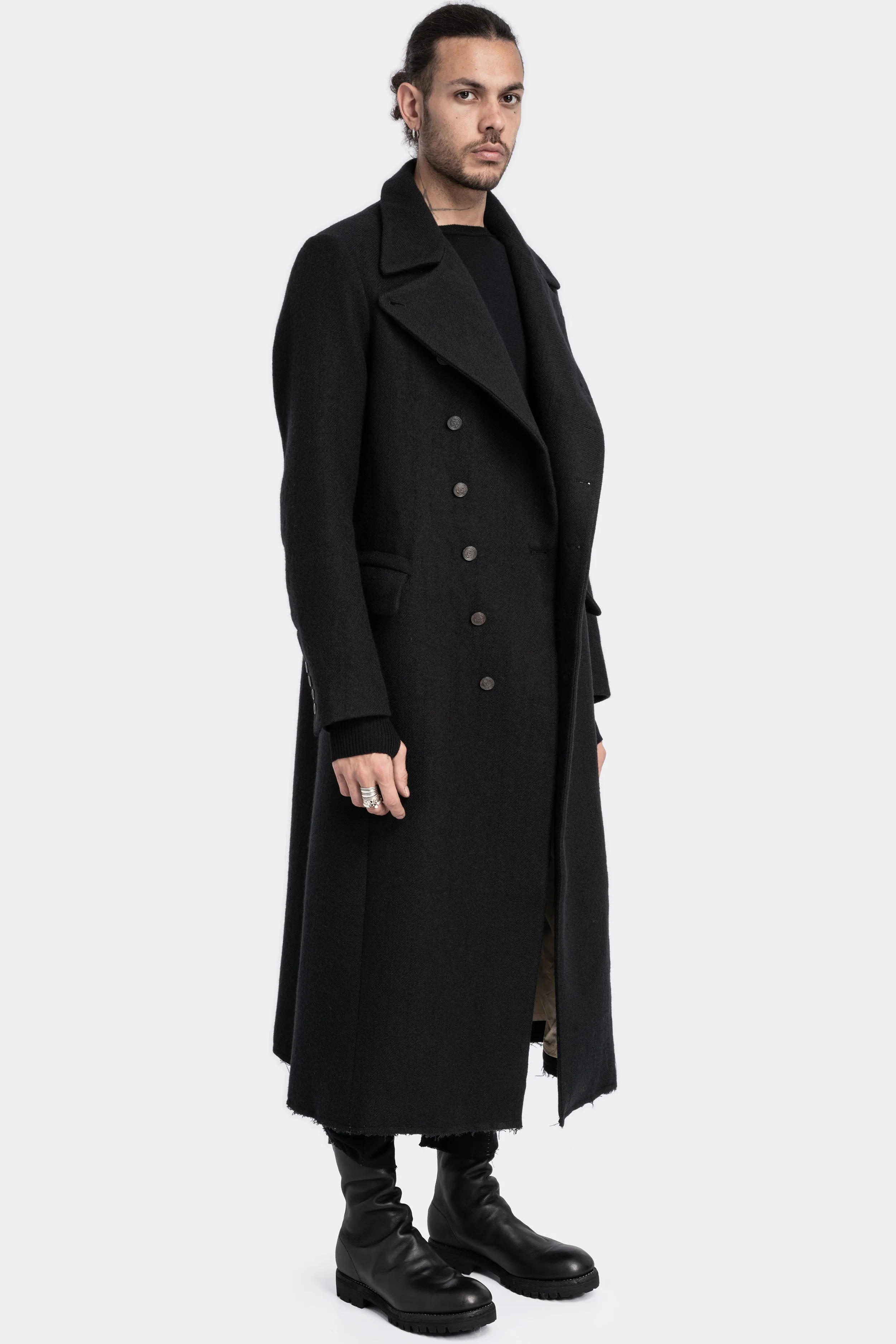 Asymmetrical buttoned high neck wool coat