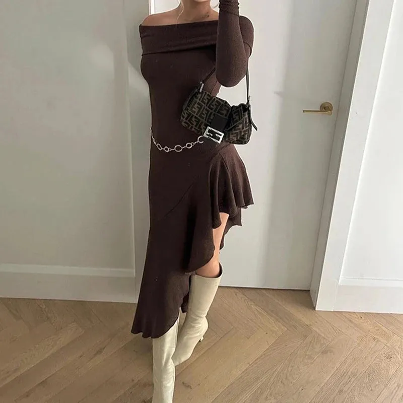 Asymmetrical Elegant Brown Midi Dress Female Ruffles Slash Neck Bodycon Autumn Dress Fashion Party Solid Long Sleeve