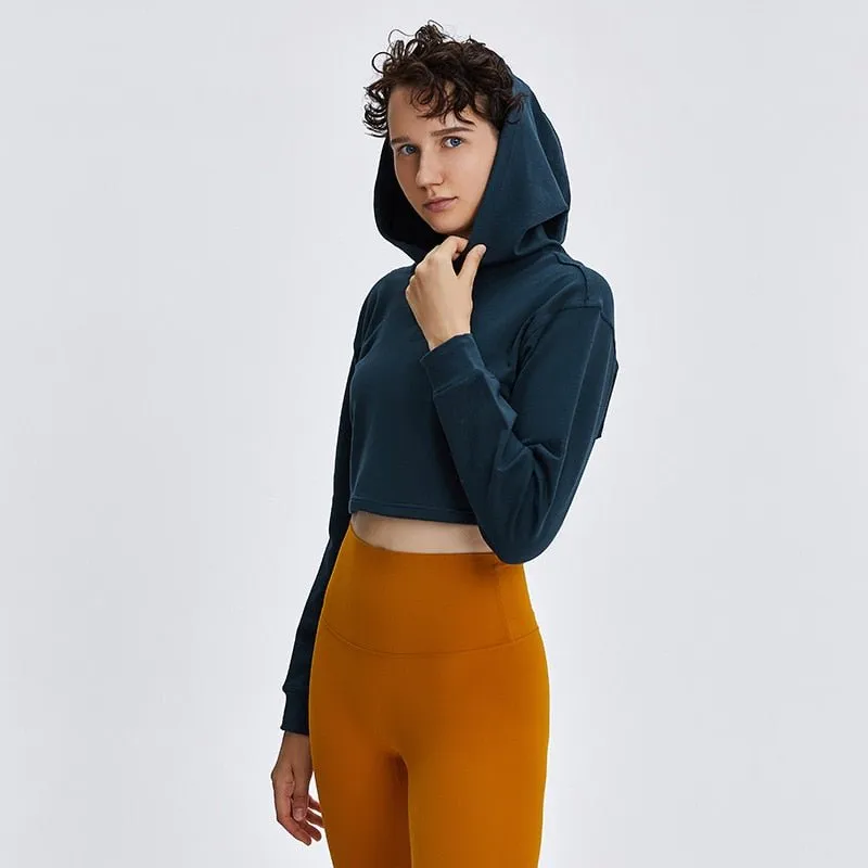 Autumn Cotton Yoga Sports Hooded Sweatshirt Fashion Solid Long Sleeve Crop Top Loose Hoodie Running Jogging Sportswear Outdoor