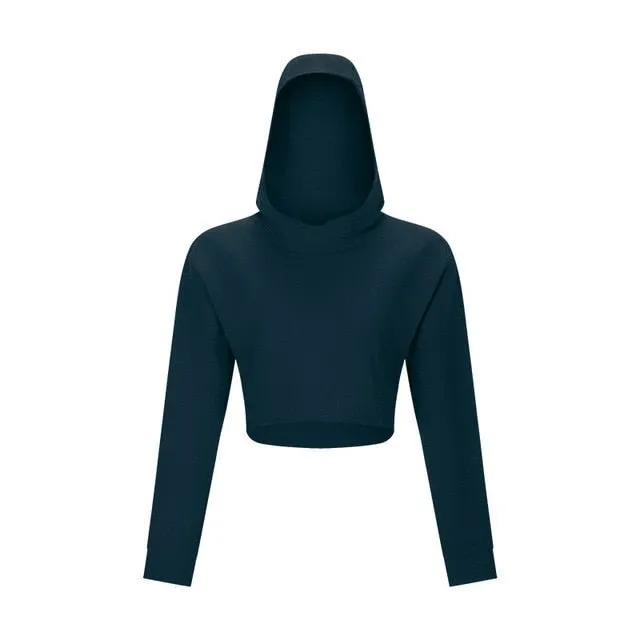 Autumn Cotton Yoga Sports Hooded Sweatshirt Fashion Solid Long Sleeve Crop Top Loose Hoodie Running Jogging Sportswear Outdoor