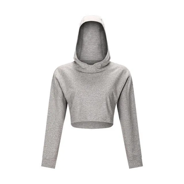 Autumn Cotton Yoga Sports Hooded Sweatshirt Fashion Solid Long Sleeve Crop Top Loose Hoodie Running Jogging Sportswear Outdoor