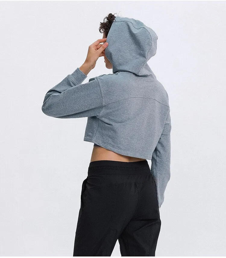 Autumn Cotton Yoga Sports Hooded Sweatshirt Fashion Solid Long Sleeve Crop Top Loose Hoodie Running Jogging Sportswear Outdoor