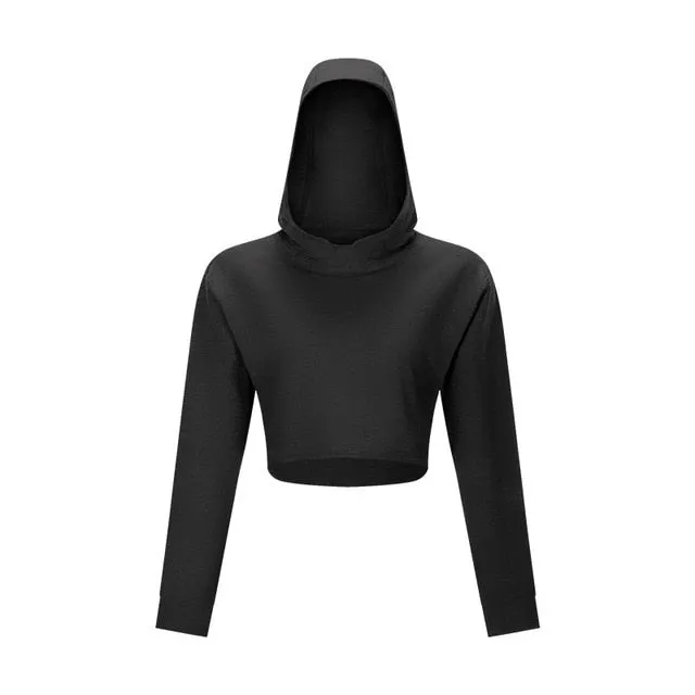 Autumn Cotton Yoga Sports Hooded Sweatshirt Fashion Solid Long Sleeve Crop Top Loose Hoodie Running Jogging Sportswear Outdoor