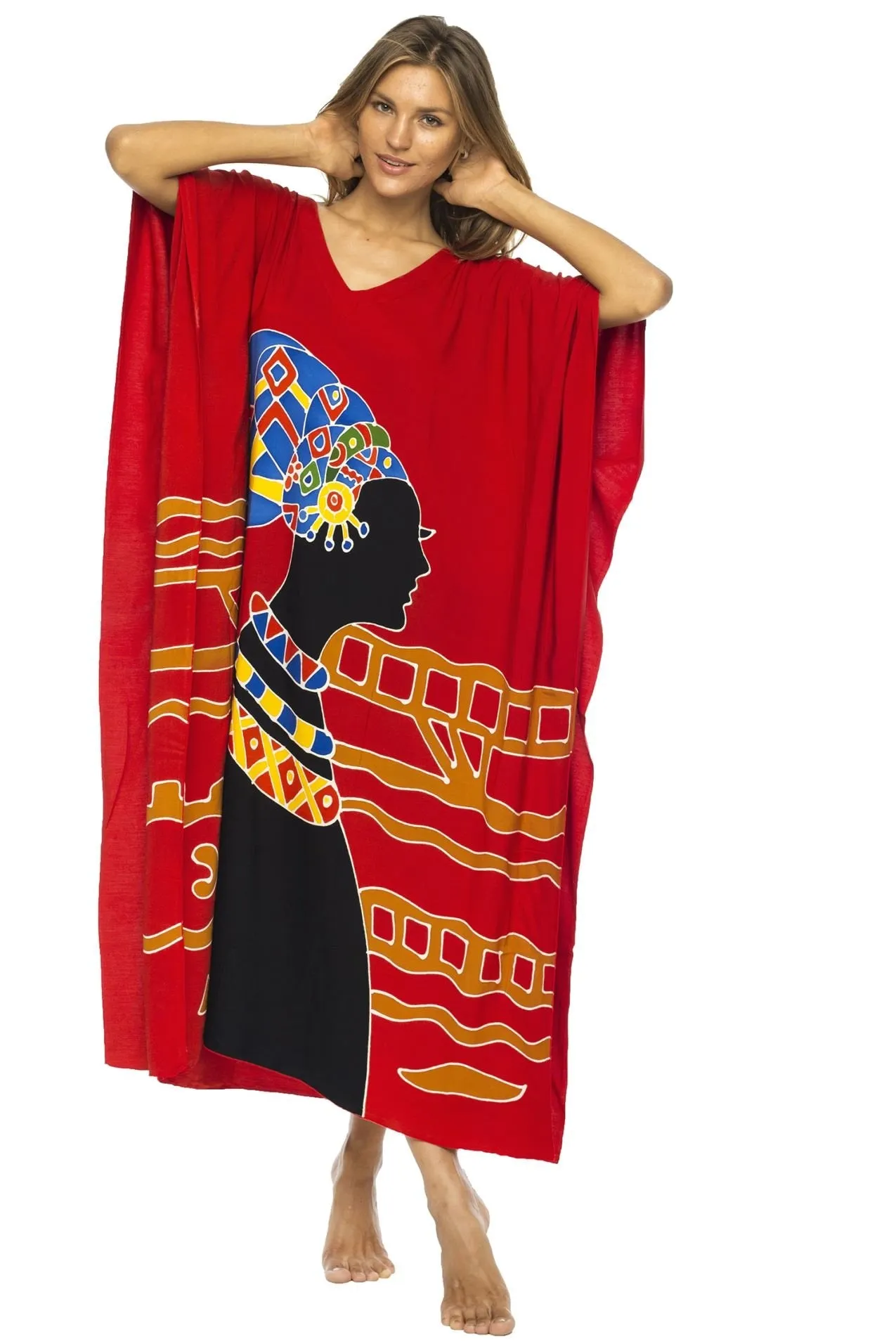 Back From Bali Womens Long African Print Beach Swim Suit Cover Up Caftan Poncho