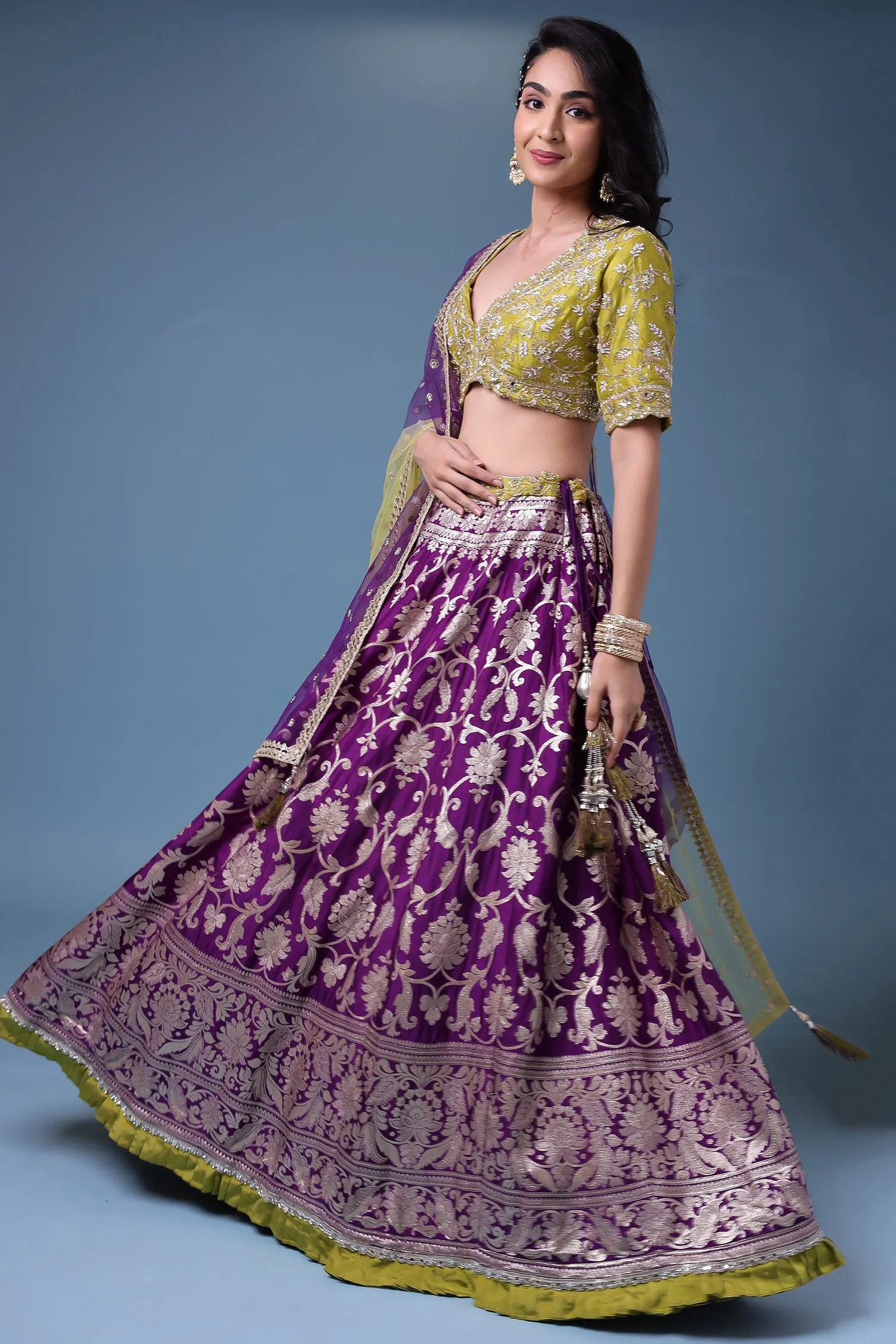 Banarasi Silk Lehenga with Mirror and Pearl work