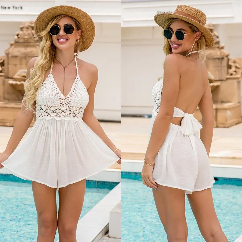 Beach Vacation Popular Special Hand Crocheting Swimsuit Stitching Slubbed Fabric Romper