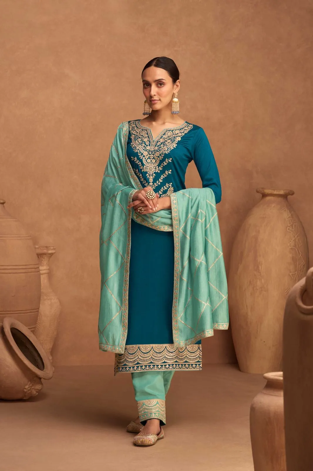 Beautiful Blue colored heavy embroidered kurta set  - Rent