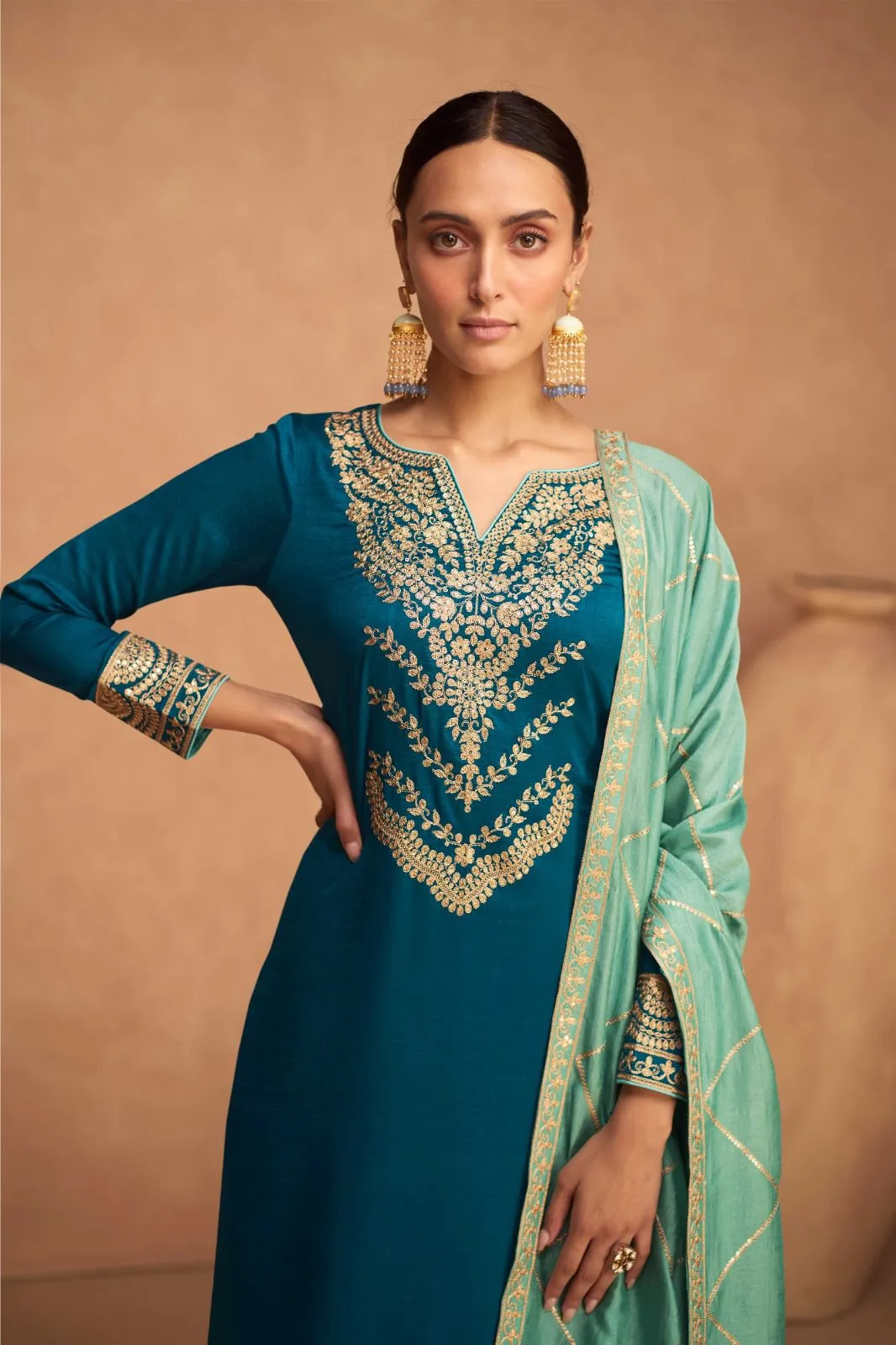 Beautiful Blue colored heavy embroidered kurta set  - Rent