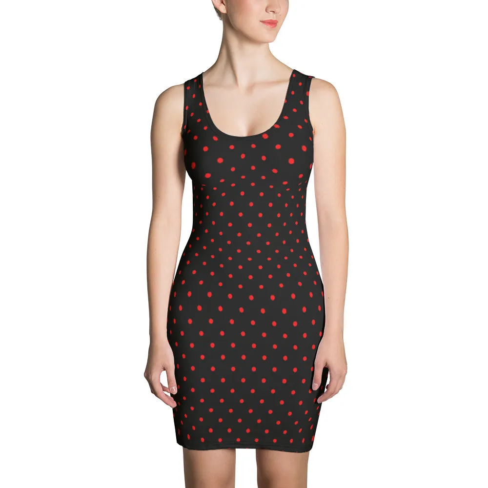 Beetle Women's Sleeveless Dress, Black Red Cute Polka Dots Designer Dress For Women -Made in USA