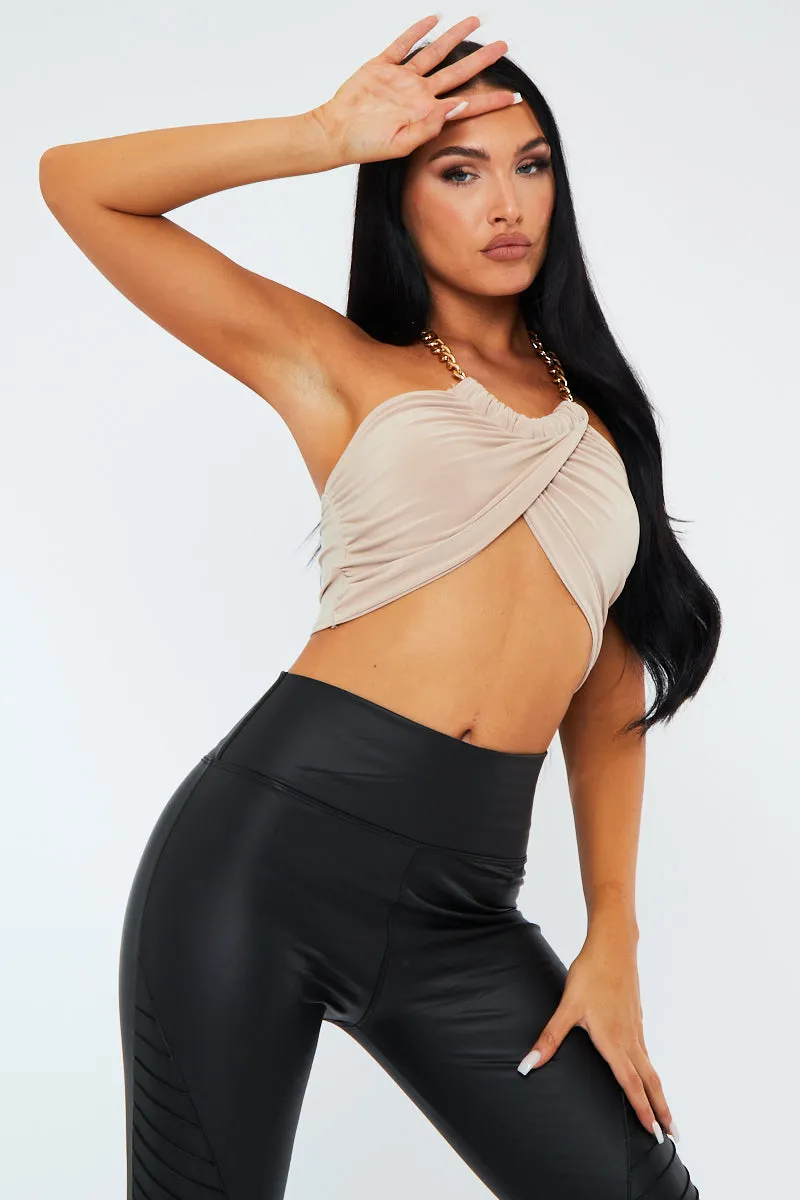 Beige Gold Chain Halter Neck Crop Top - Leena