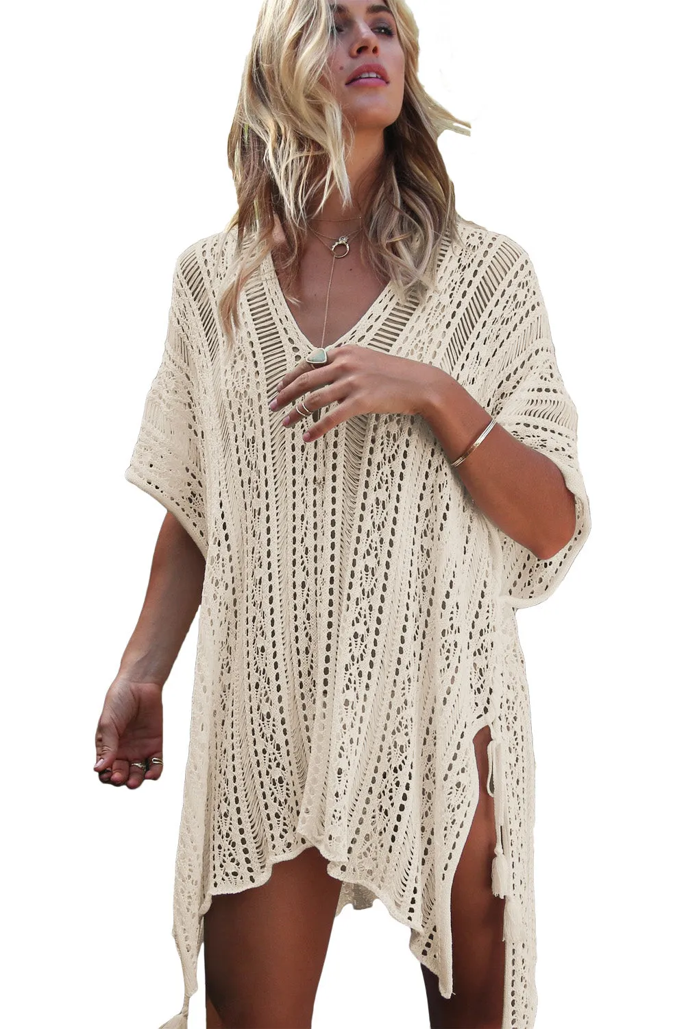 Beige Knitted Tassel Beach Kimono