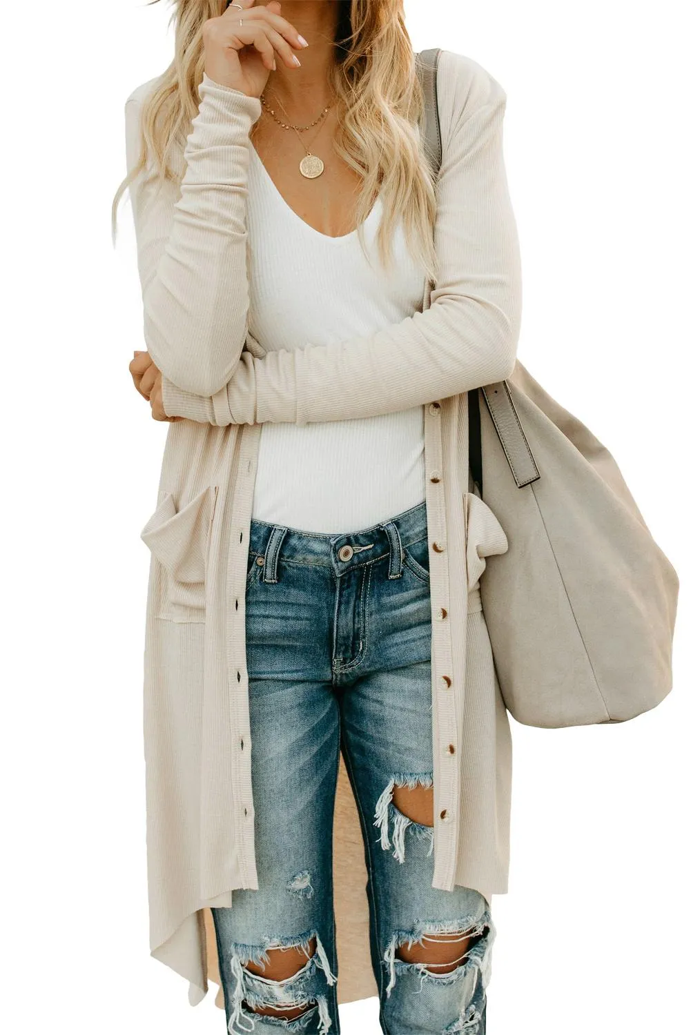 Beige Long Sleeves Button Down Cardigan