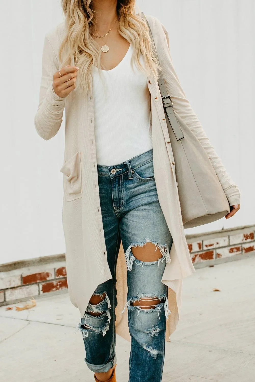 Beige Long Sleeves Button Down Cardigan