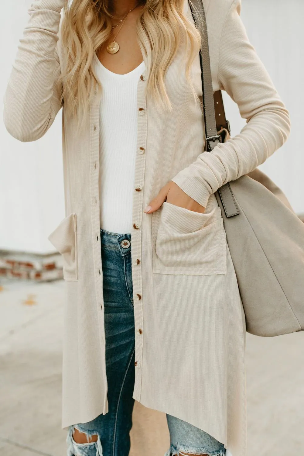 Beige Long Sleeves Button Down Cardigan