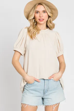 Beige Ruffle Mock Neck Blouse Top