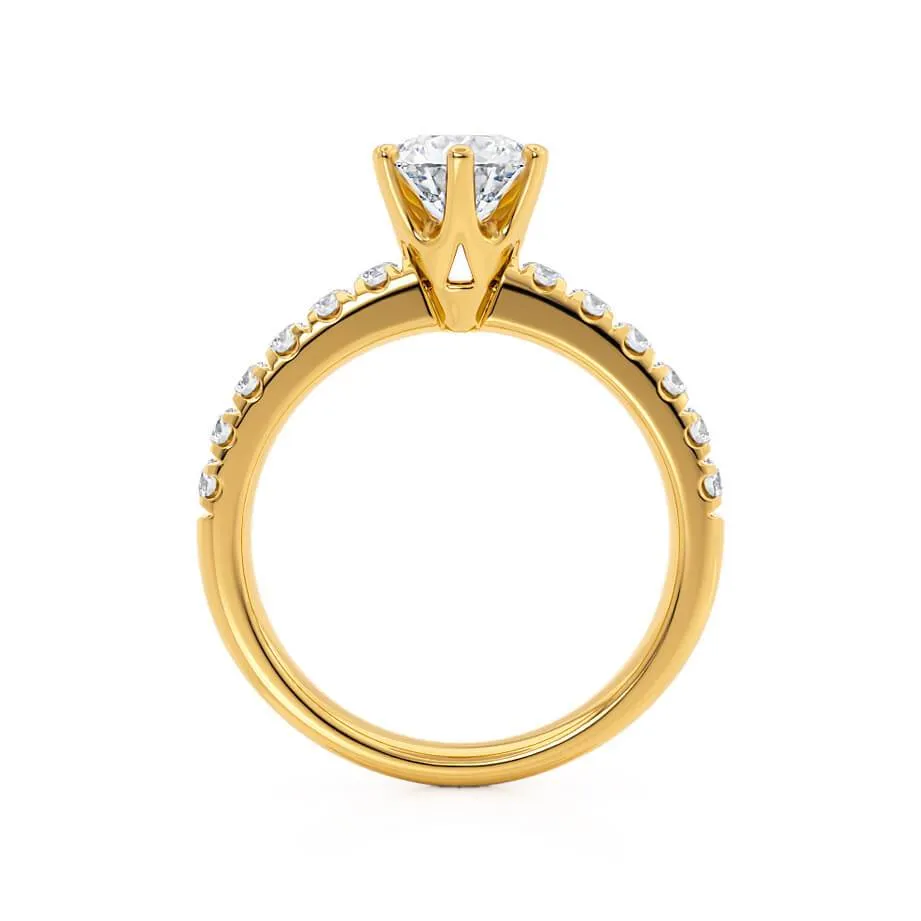 BELLE - Round Moissanite 18k Yellow Gold Shoulder Set Ring