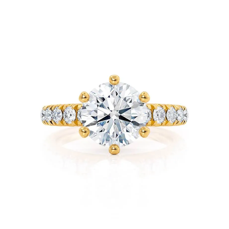 BELLE - Round Moissanite 18k Yellow Gold Shoulder Set Ring