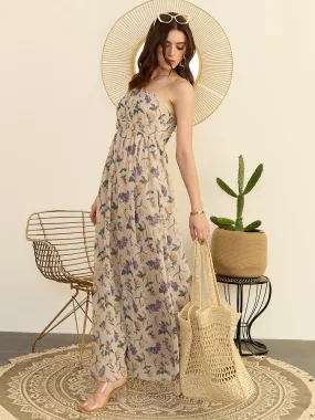 Berrylush Women Beige Floral Printed Dobby Weave One-Shoulder Neck Sleeveless Flared Maxi Dress