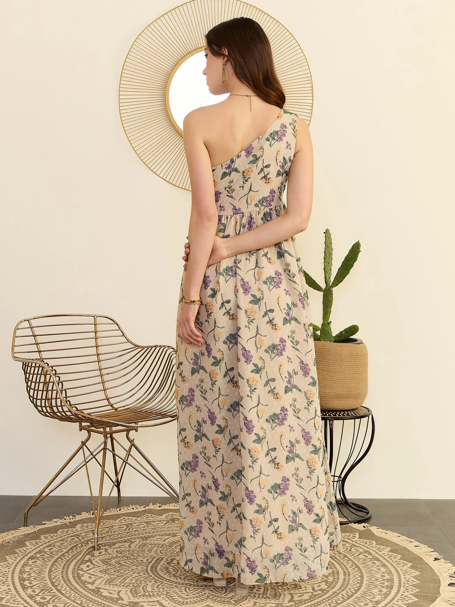 Berrylush Women Beige Floral Printed Dobby Weave One-Shoulder Neck Sleeveless Flared Maxi Dress