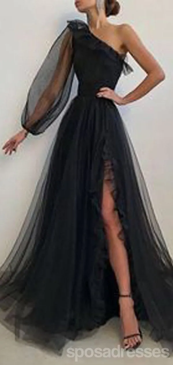 Black A-line One Shoulder Long Sleeves High Slit Prom Dresses Online,12658