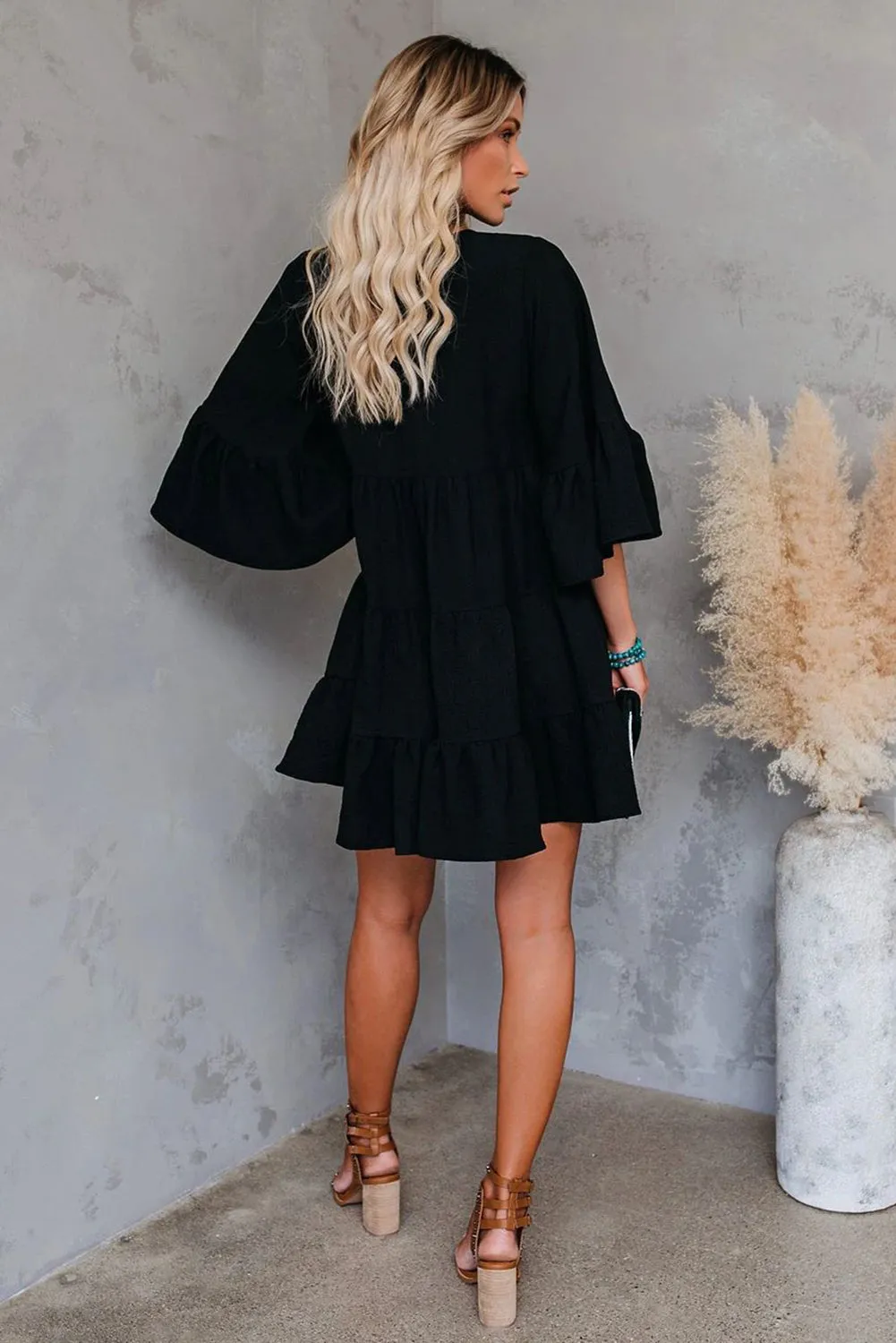 Black Batwing Sleeve Tunic Babydoll Dress