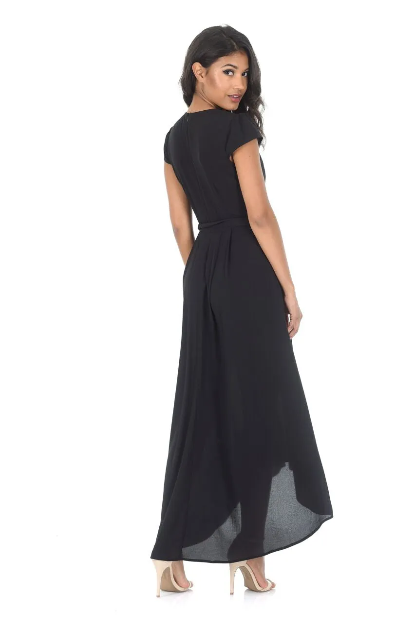 Black Capped Sleeve Waterfall Dress