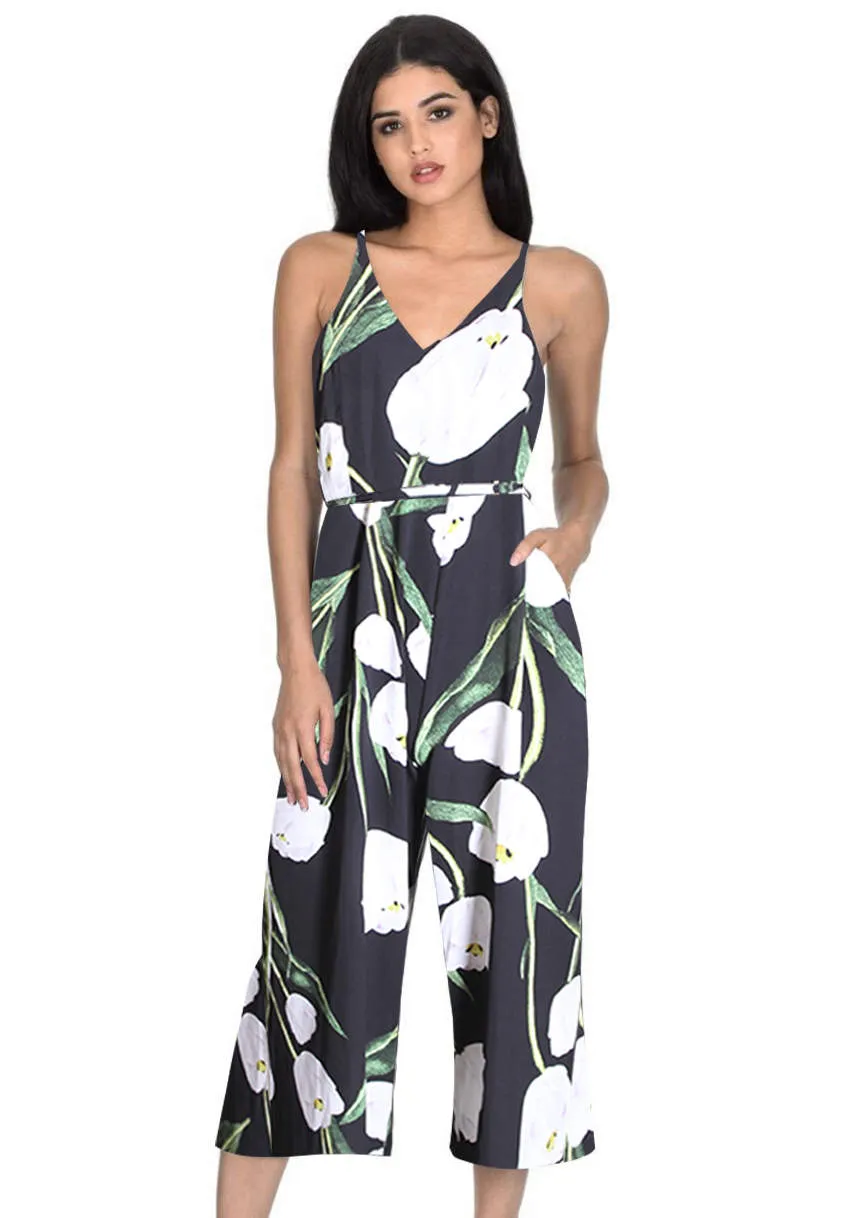 Black Floral Tie-Waist Jumpsuit