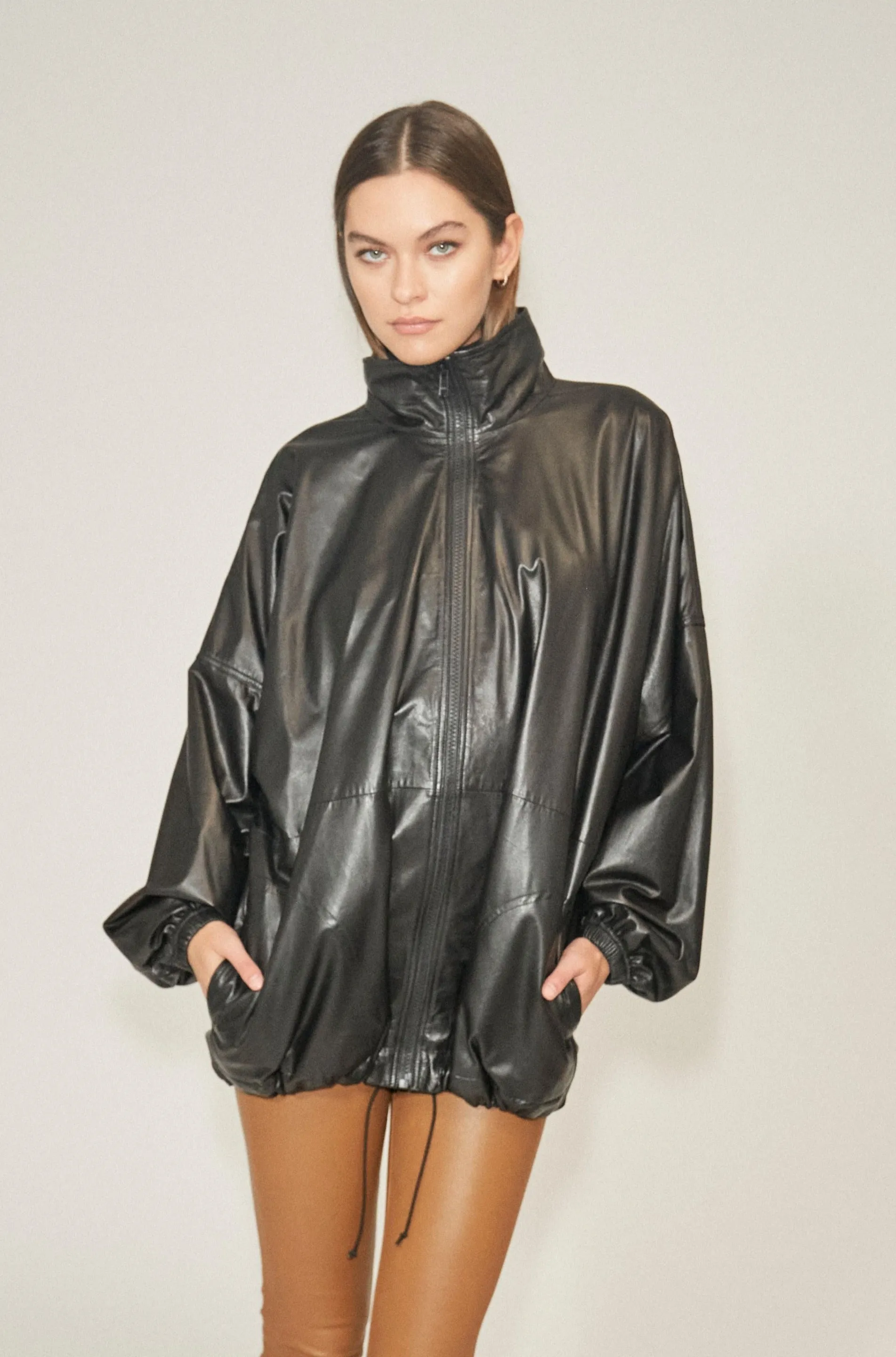 Black Leather Anorak Jacket