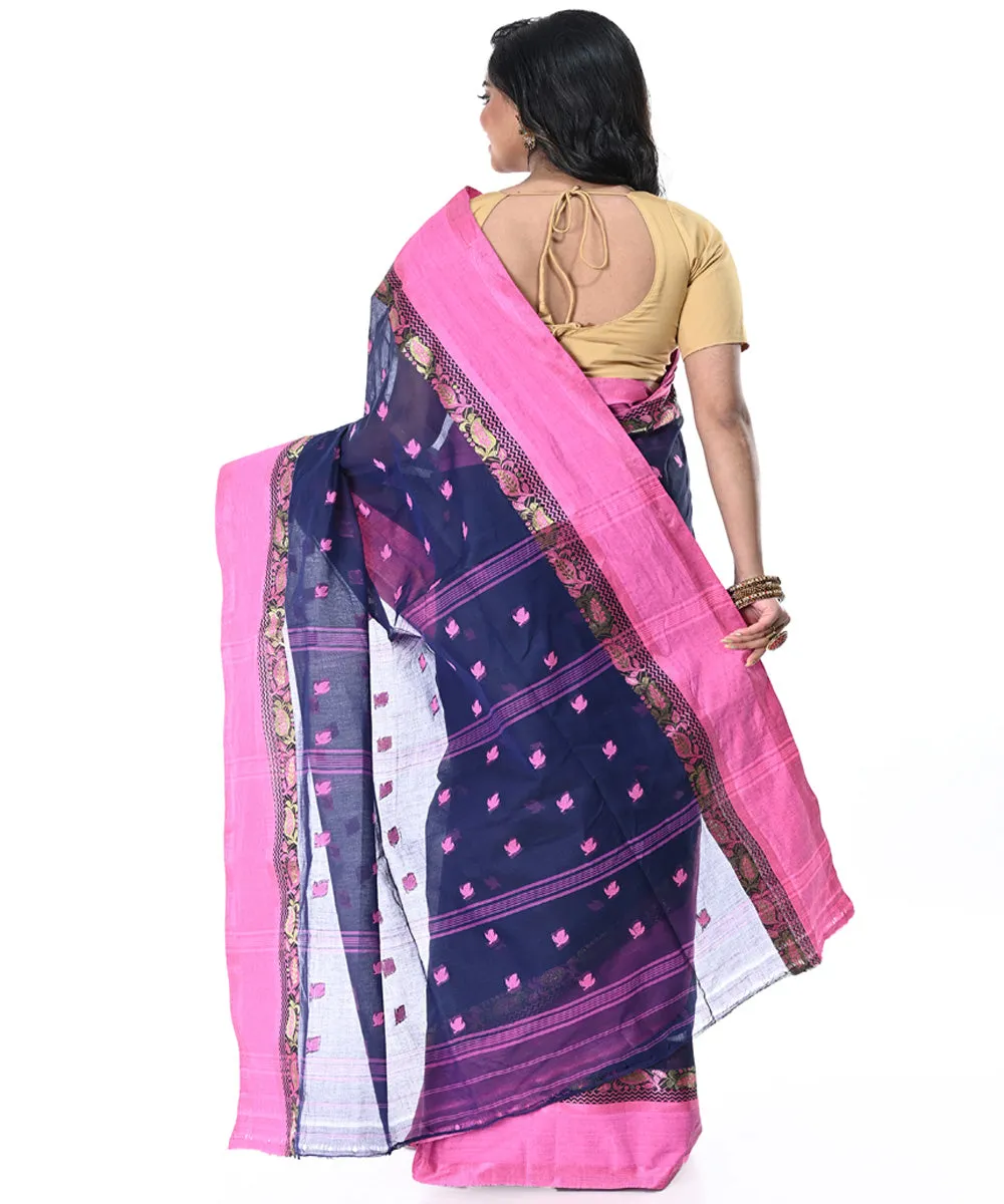 Black pink handwoven cotton tangail saree