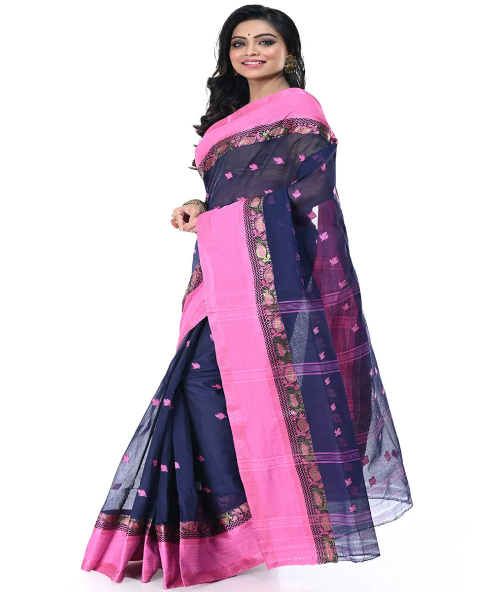 Black pink handwoven cotton tangail saree