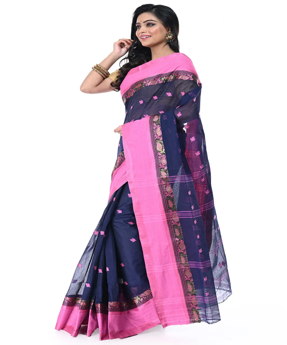 Black pink handwoven cotton tangail saree