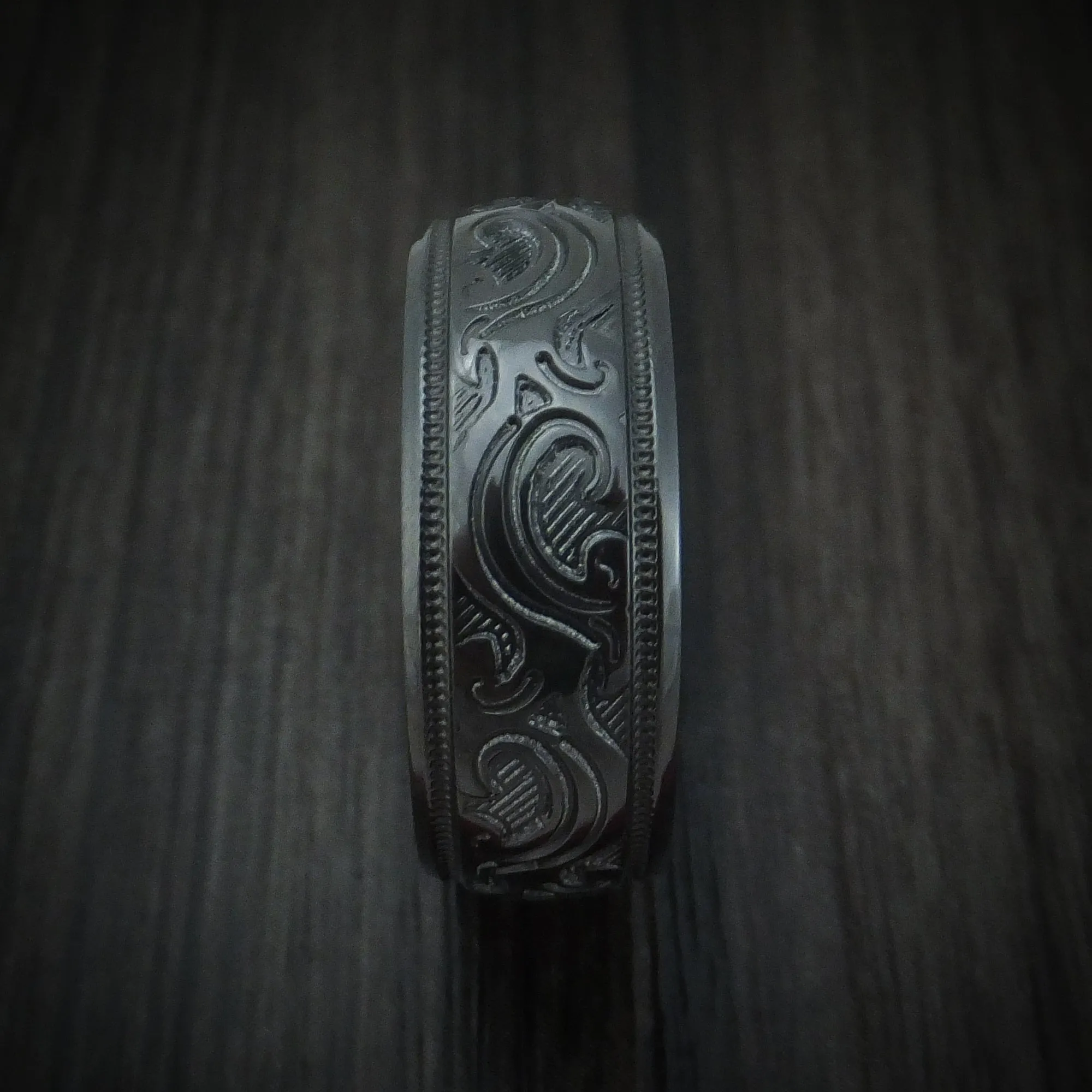 Black Titanium Floral Design Men's Ring Custom Made