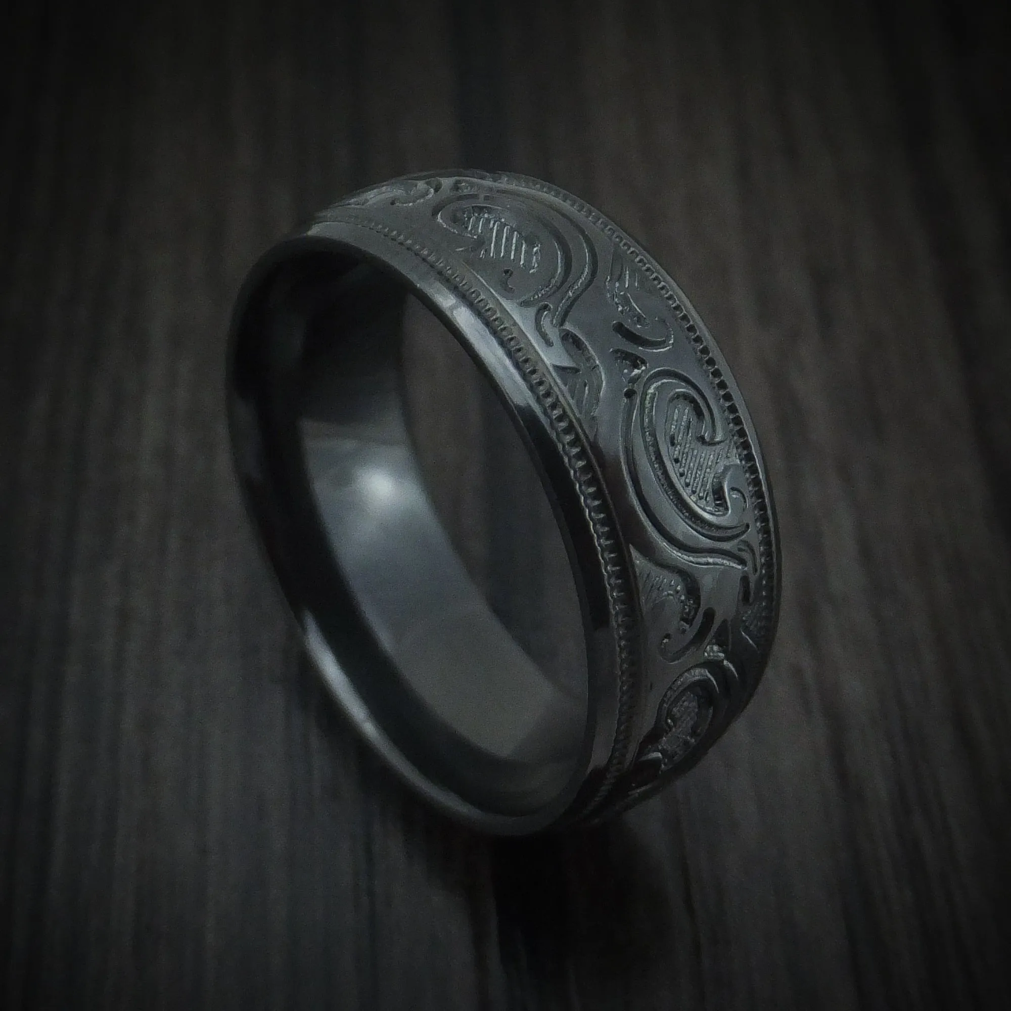 Black Titanium Floral Design Men's Ring Custom Made